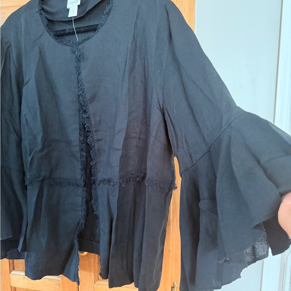 Chico's Linen Black Fringe Trim Bell-Sleeve Jacket - Picture 5 of 16